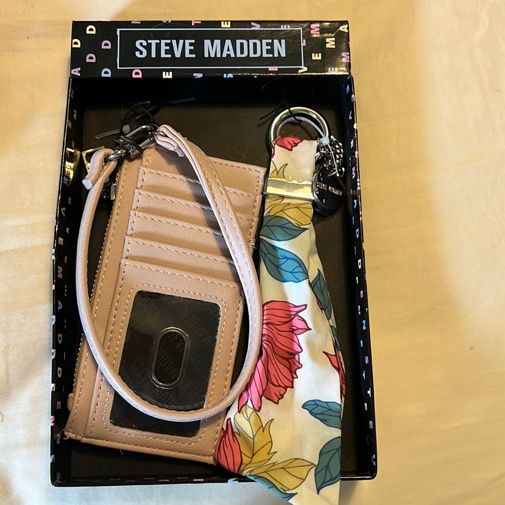 Steve Madden leather wallet card with detail scarf keychain still in box